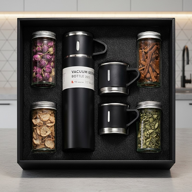 پکیج هدیه سازمانی (فلاسک سه کاپ  4دمنوشجعبه لاکچری)