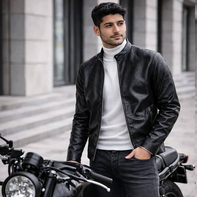 کاپشن چرم طرح پوست مار ساده مردانه مدل Yasan